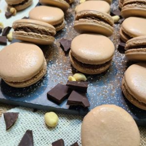 Chocolate and peanut butter macarons ready to eat