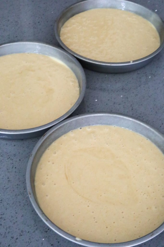 3 cake pans filled with batter