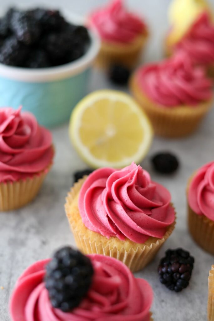 Blackberry frosting on lemon cupcakes