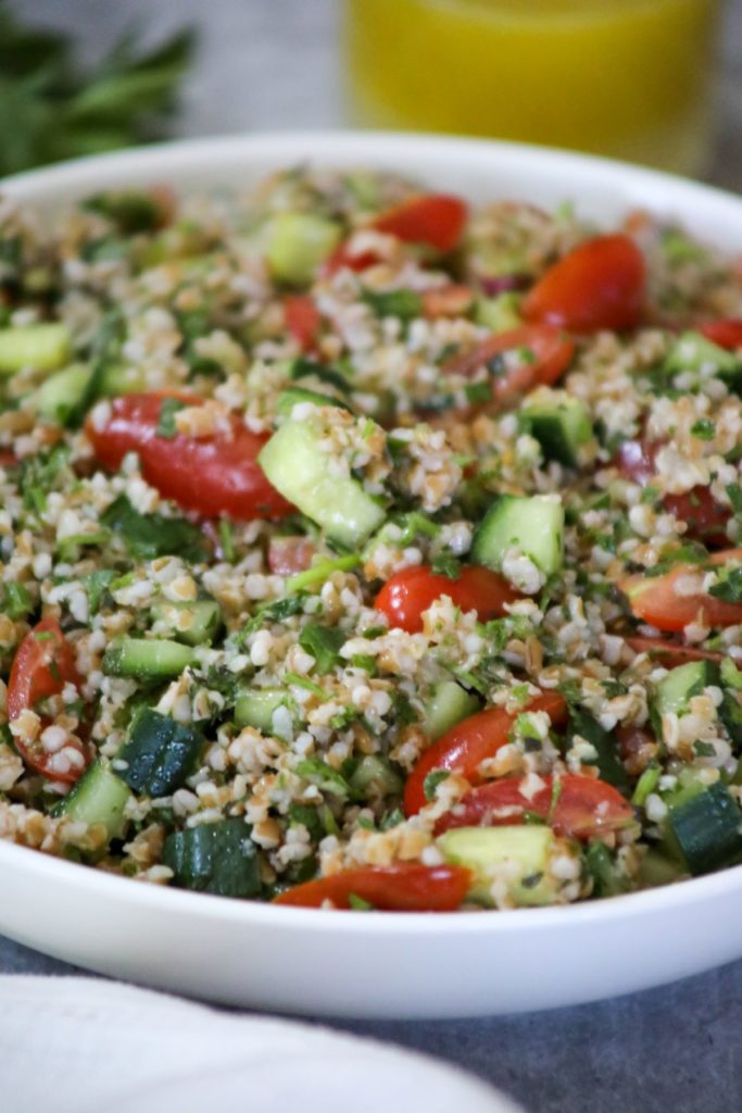 close up of a bowl of tabbouleh