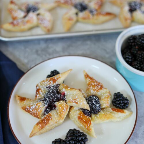 Two blackberry pinwheels on a white plate