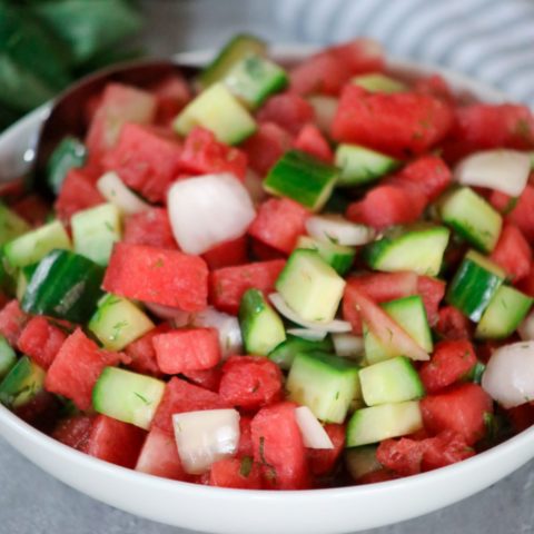 Watermelon salad in a white bowl