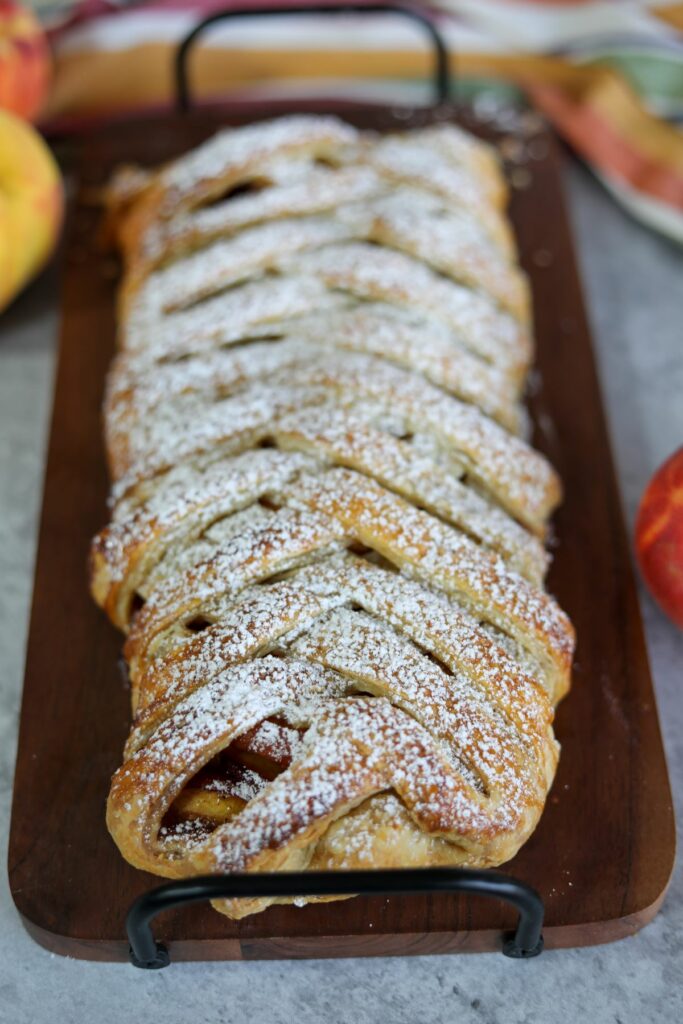 peach strudel on a serving tray