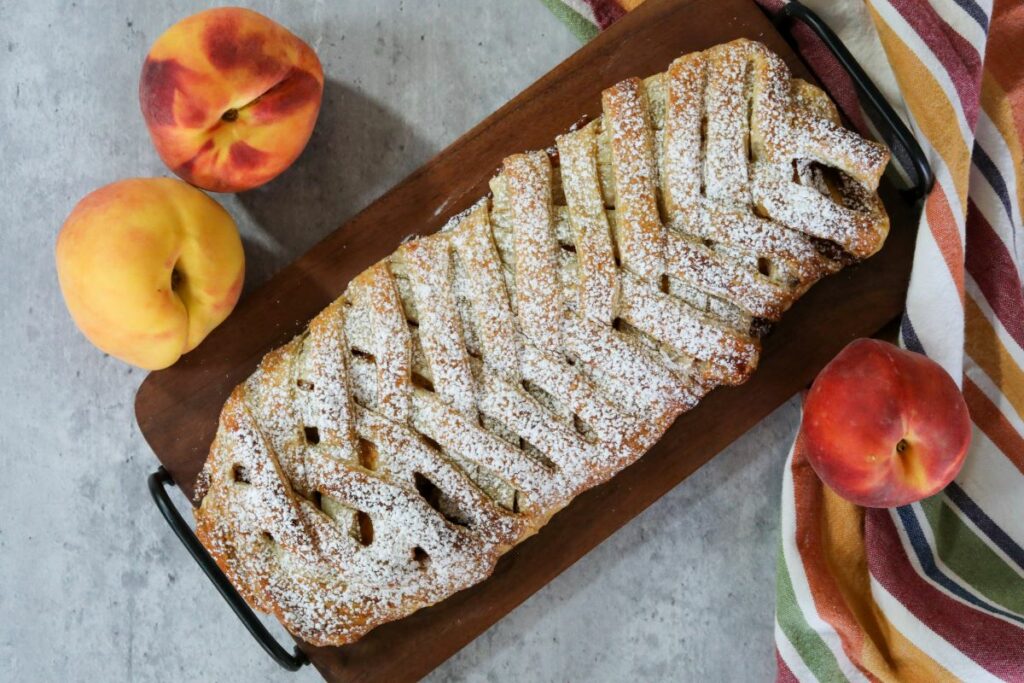 top view of peach strudel on a serving tray