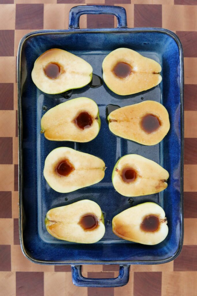 Glazed pears in a baking dish