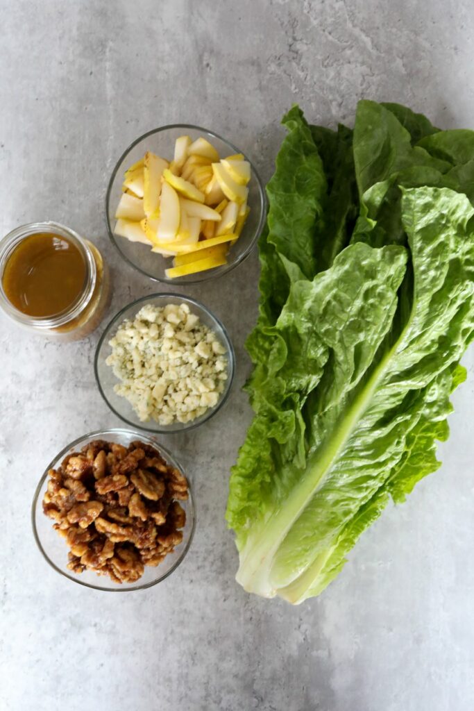 Prepared ingredients for pear salad