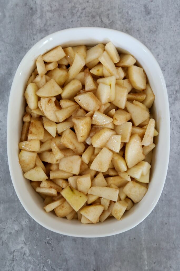 Seasoned pears in a baking dish