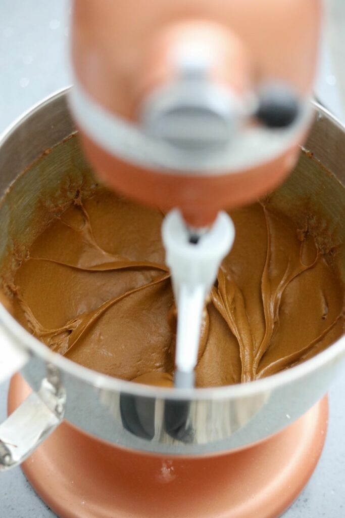 Cookie batter in a stand mixer