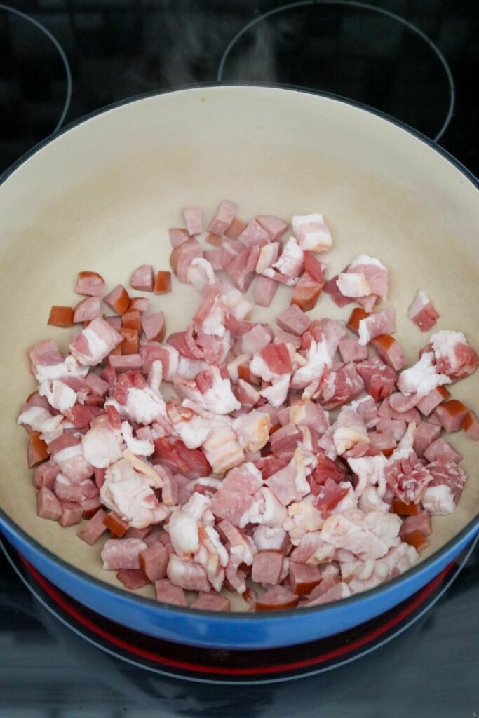 Bacon and sausage in a Dutch oven
