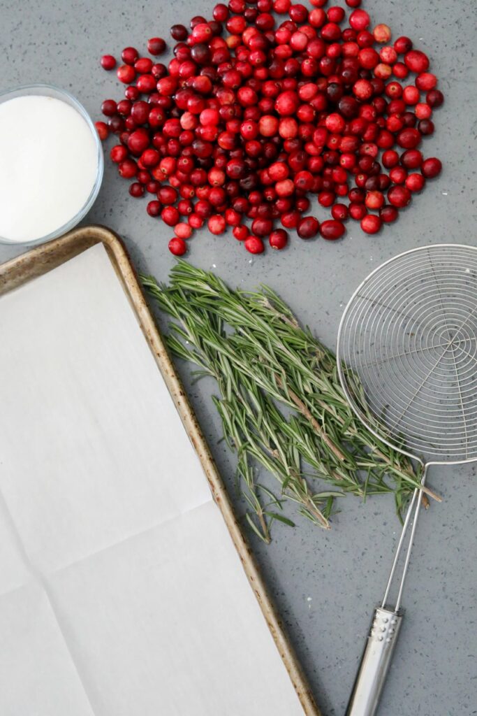 Equipment needed for sugared cranberries and rosemary
