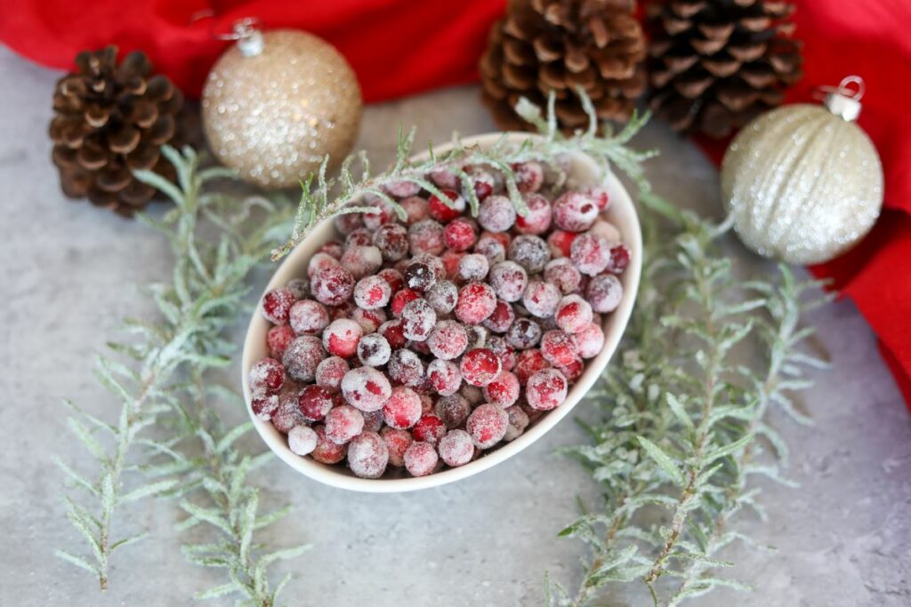 A bowl of sugared cranberries with rosemary around it