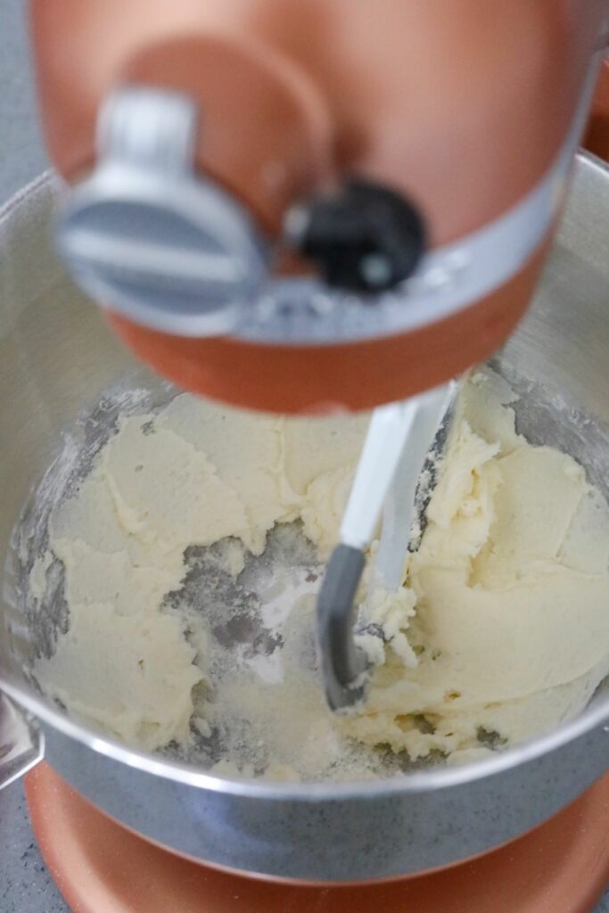 Creamed butter, sugar, cornstarch, and almond flour in a mixing bowl