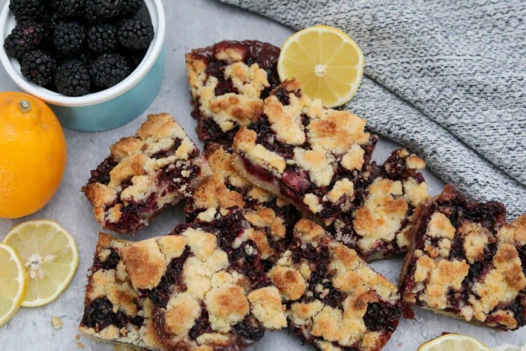 A pile of blackberry crumb bars