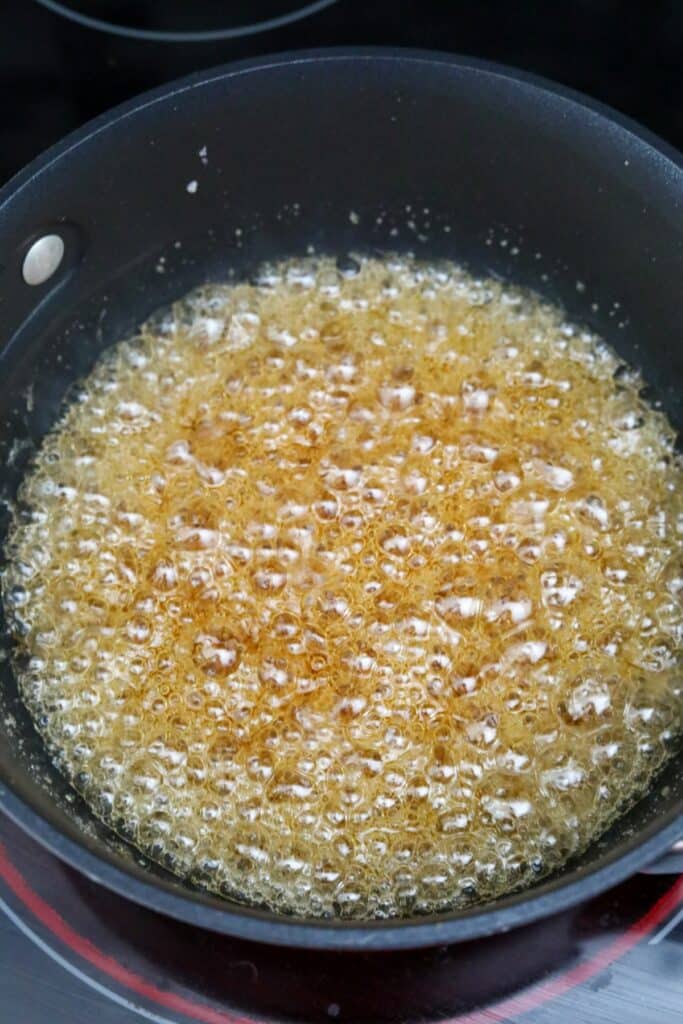 Caramelized sugar in a saucepan