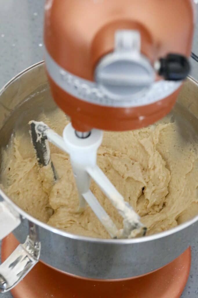 Cupcake batter in a stand mixer