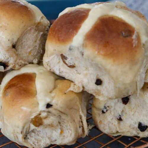 A stack of hot cross buns