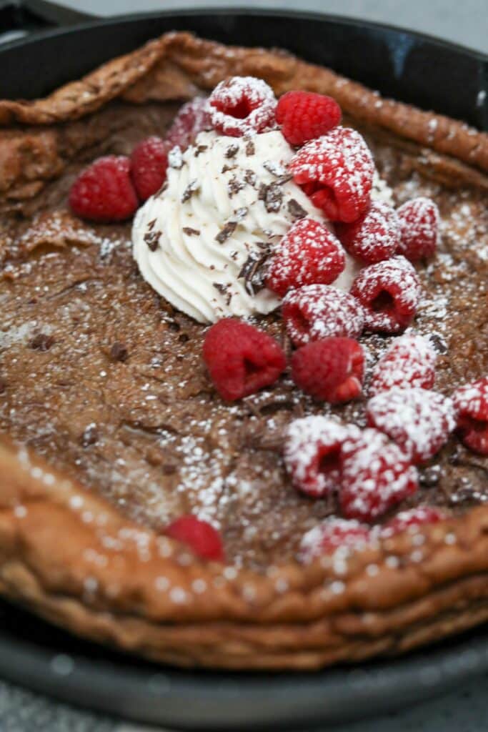 Close up of a chocolate Dutch baby