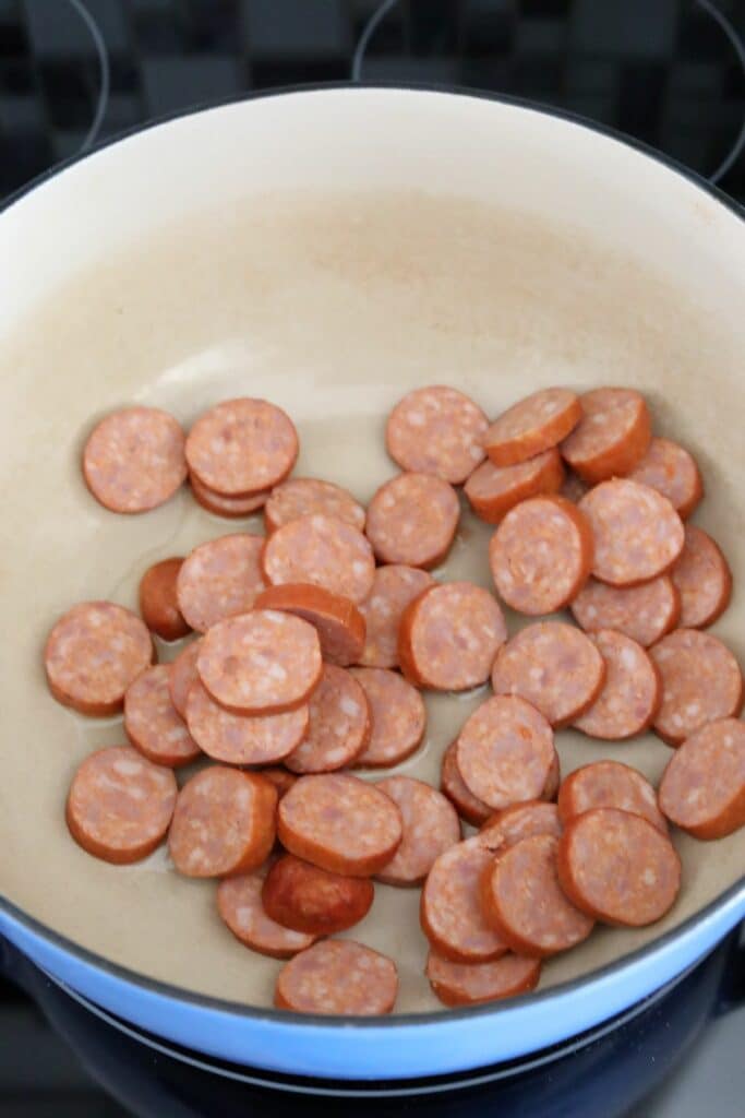 Andouille sausage in a Dutch oven