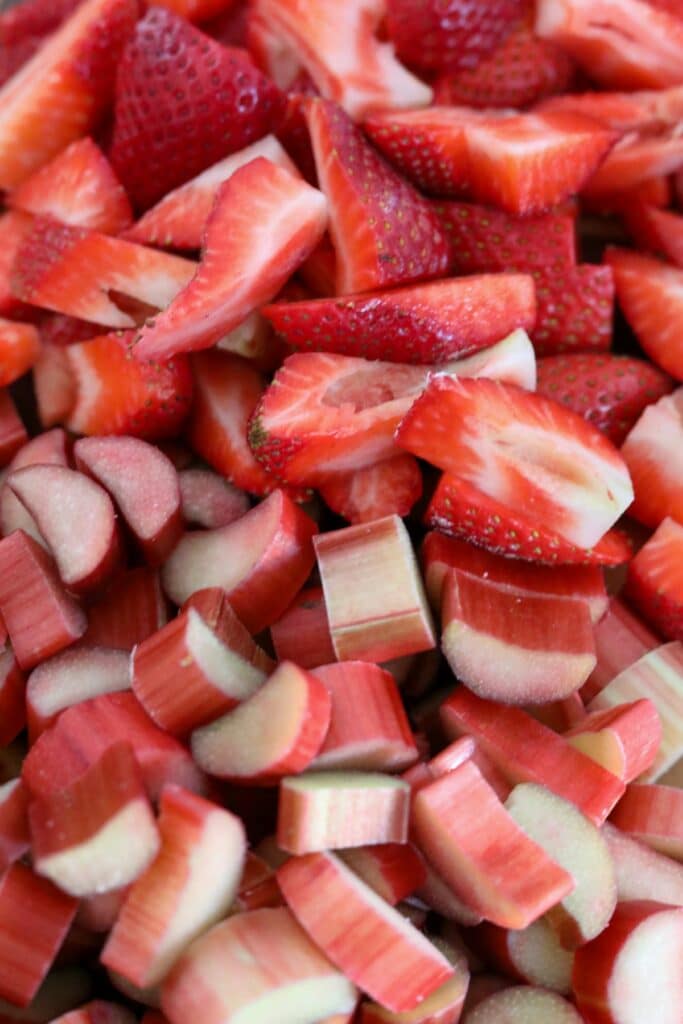 Cut strawberris and rhubarb