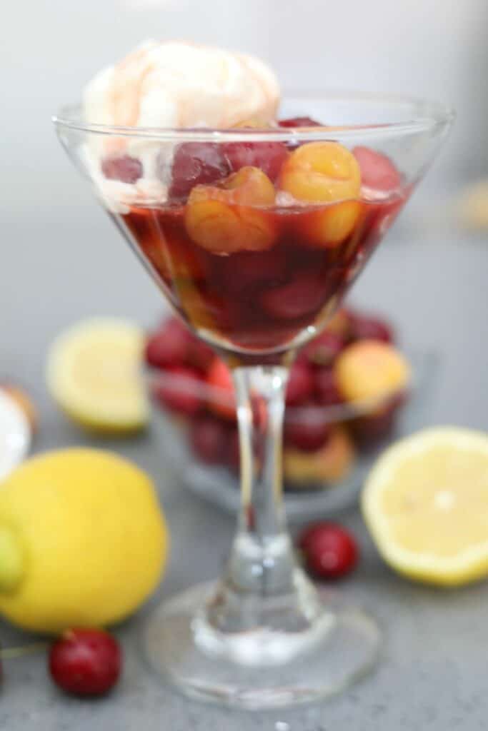 cherries jubilee in a martini glass