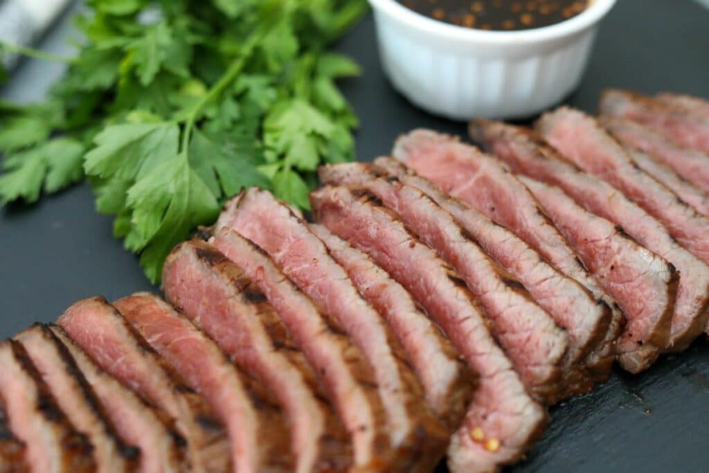 Close up of grilled London broil.