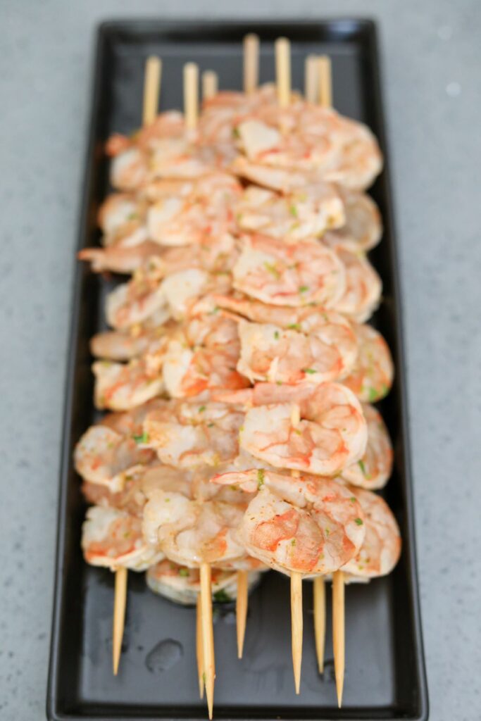 Skewers of marinated shrimp