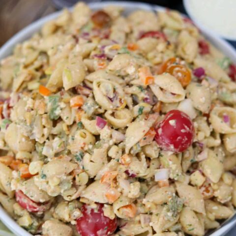 A white bowl with southwest pasta salad