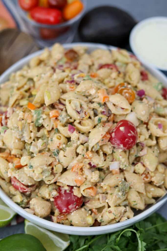 A white bowl with southwest pasta salad