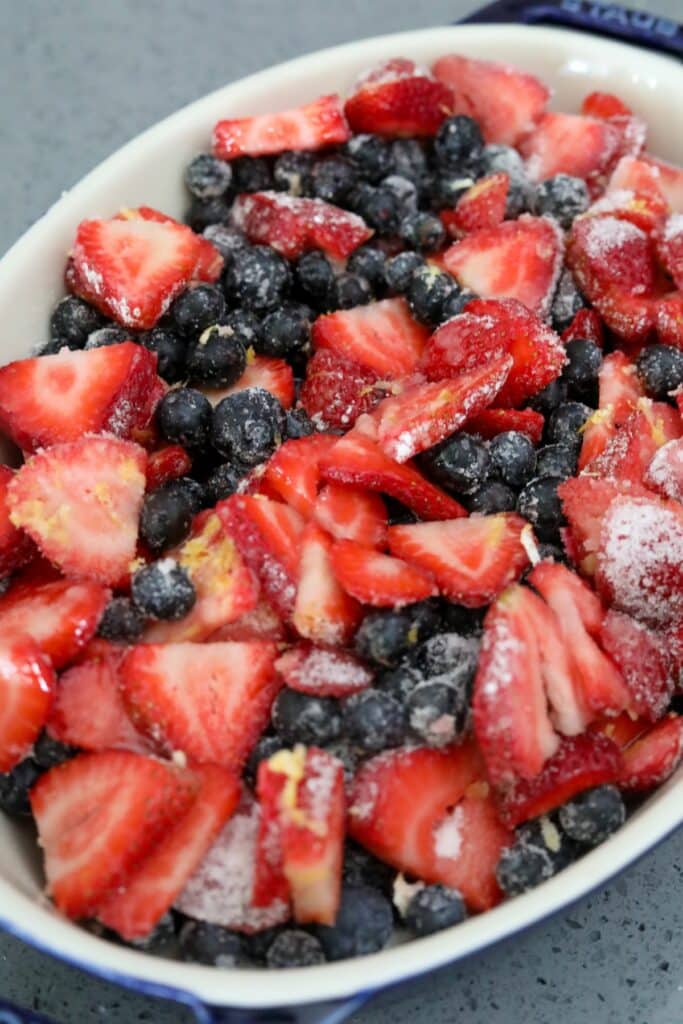 Berry mixture in a blue baking dish