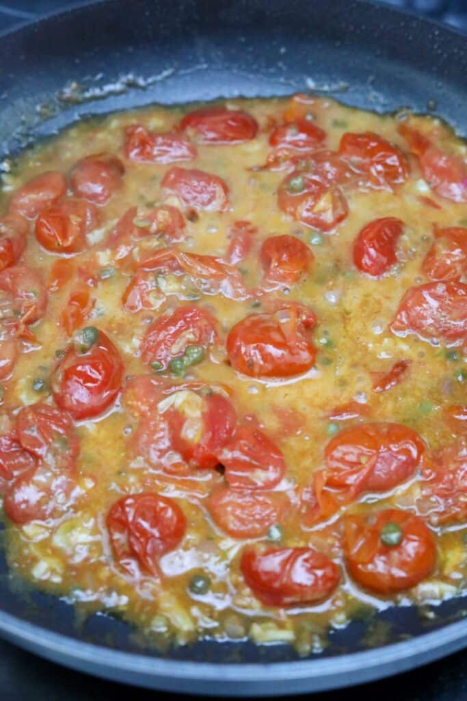 A pan of cooked tomato sauce