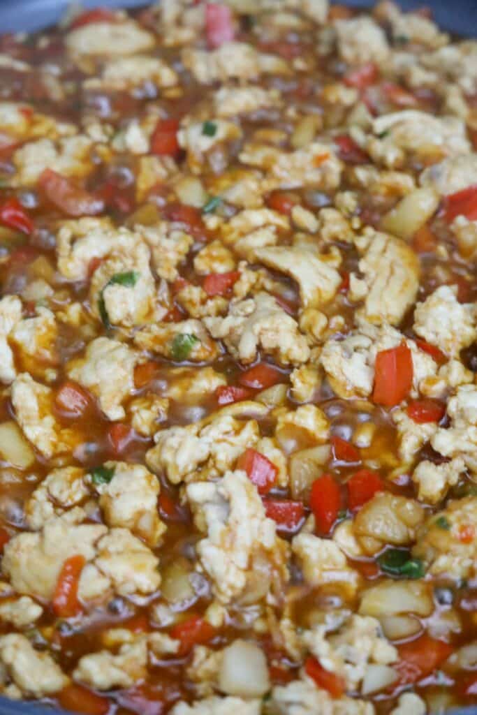 Chicken mixture with sauce in a pan