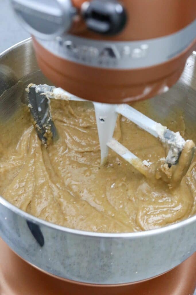 Cake batter in a stand mixer