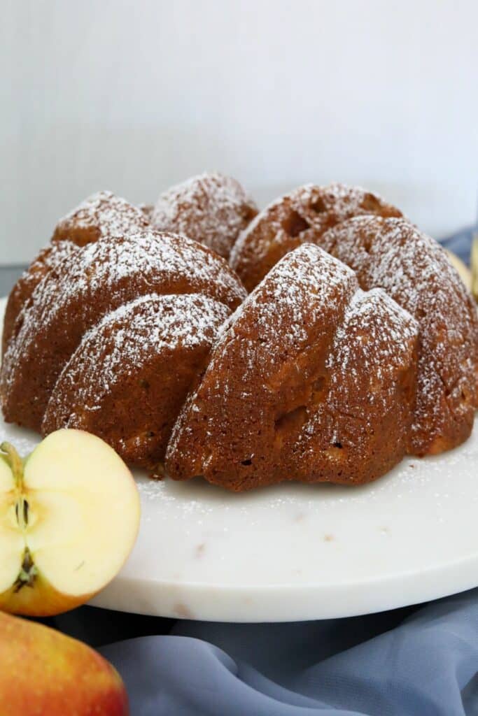 Apple cake dusted with powdered sugar