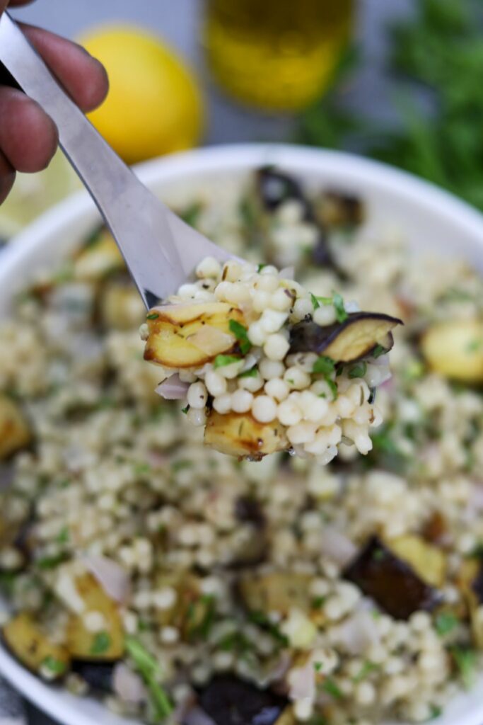 A spoonful of roasted eggplant Israeli couscous