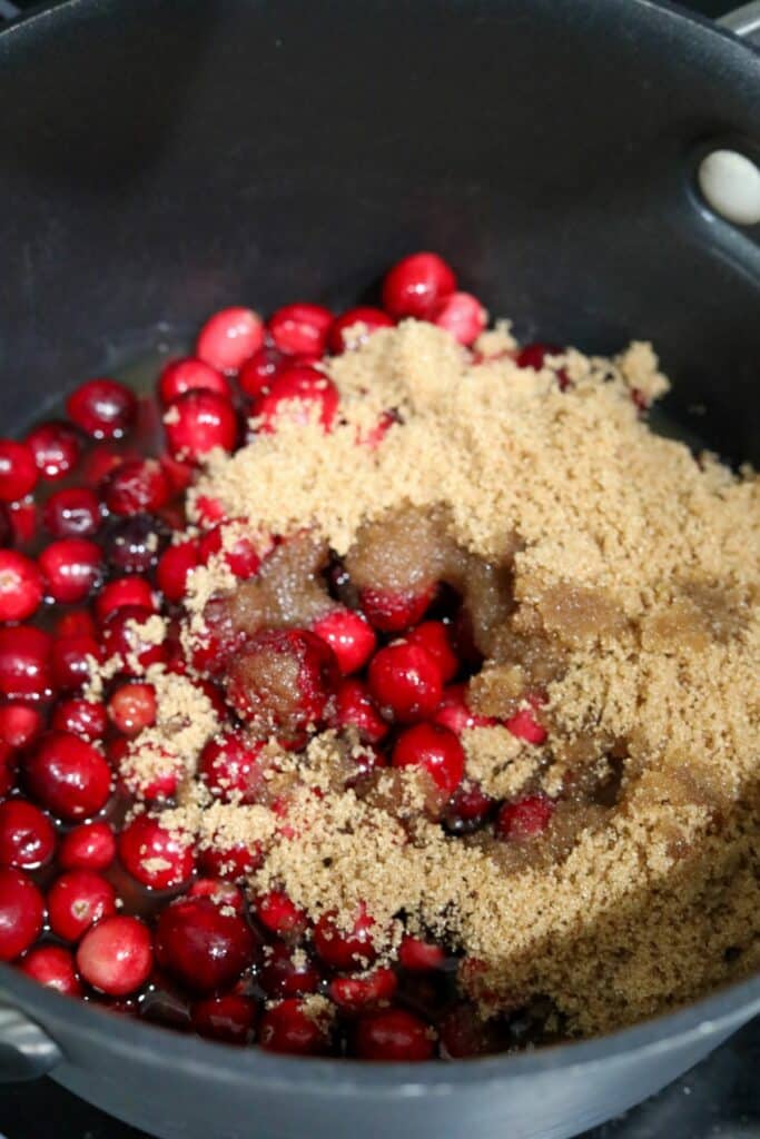Ingredients for cranberry sauce in a saucepan
