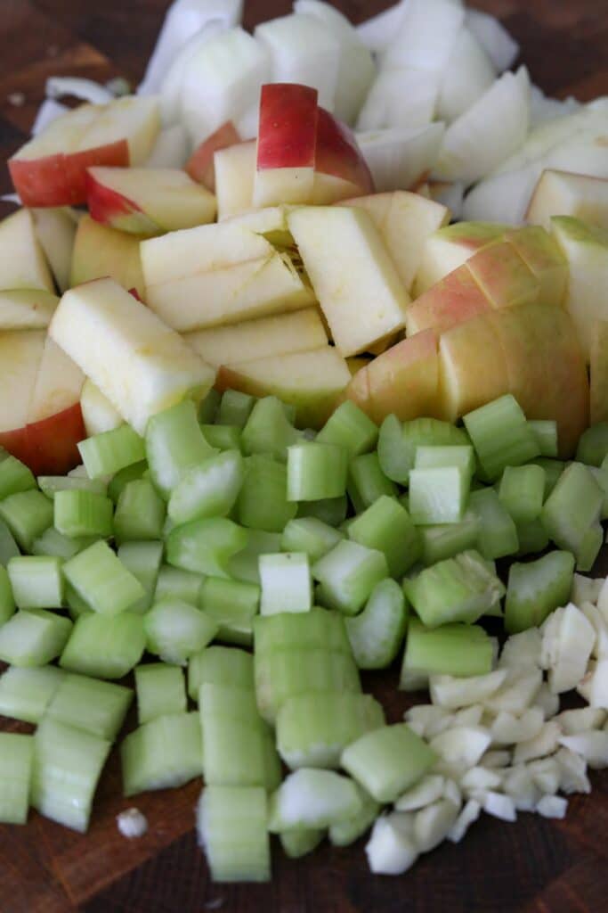Chopped apple and vegetables for turkey cavity.