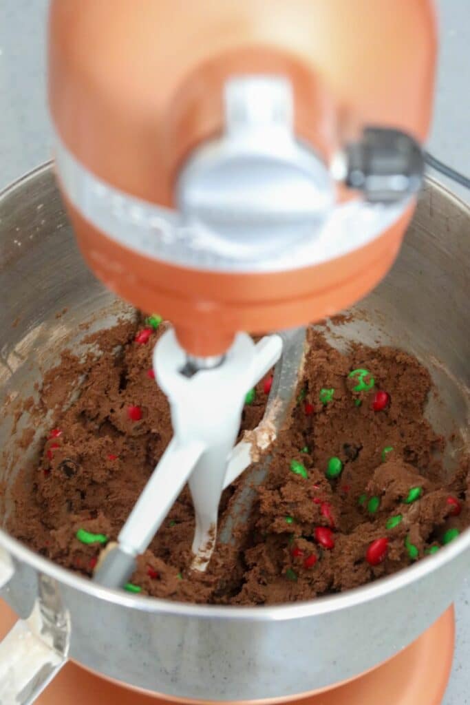 Cookie batter with M&M and chocolate chips in blender
