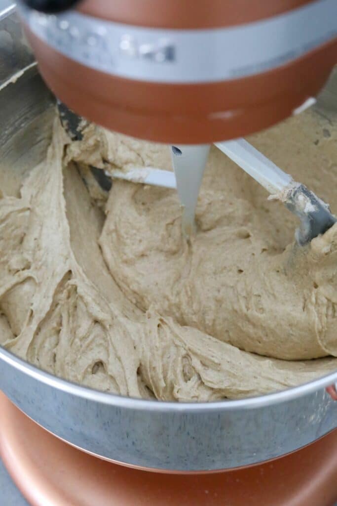 Cake batter in a stand mixer