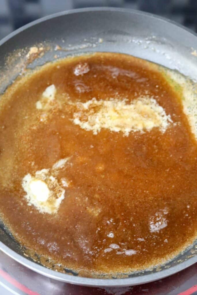 Melted butter and brown sugar in a pan