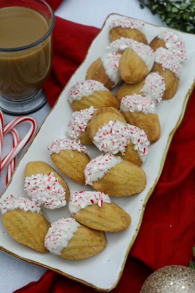 white platter with White chocolate peppermint madeleines on them
