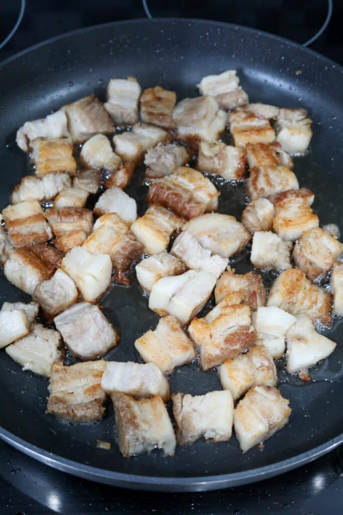 Browned pork belly in a pan