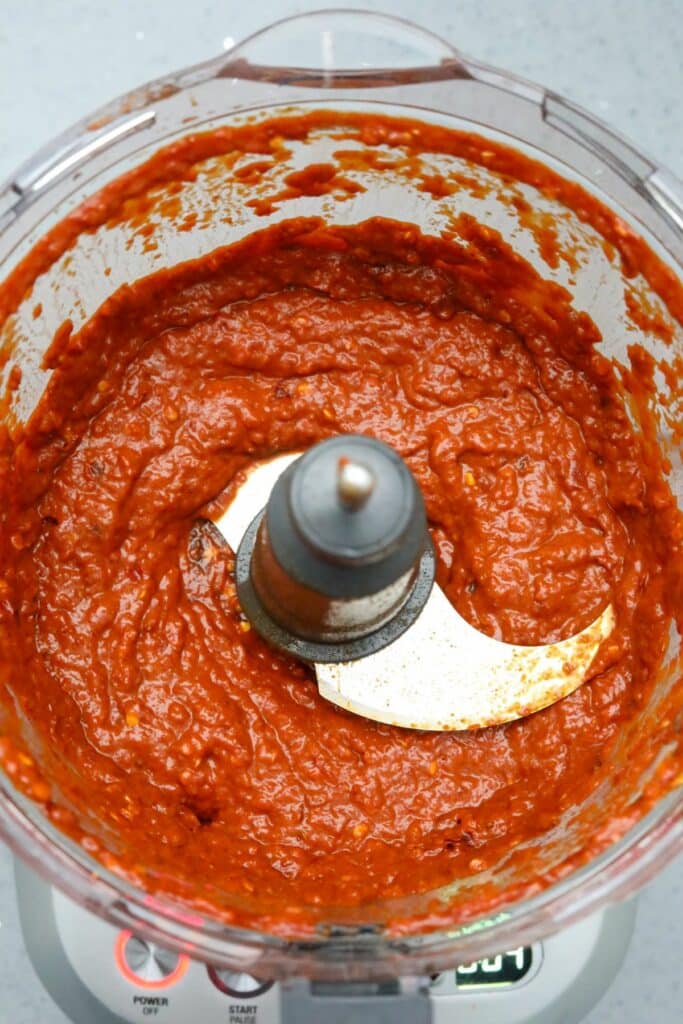Blended harissa in a food processor