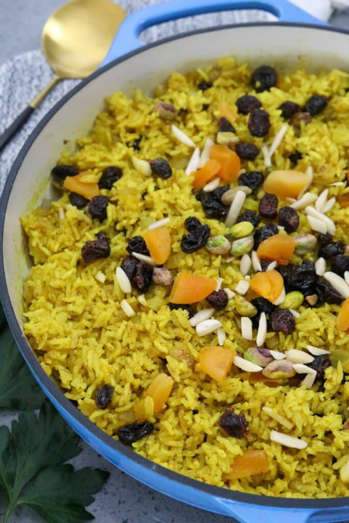 Moroccan rice pilaf ready to serve in a casserole dish
