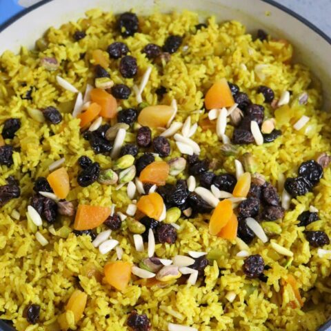 Moroccan rice pilaf in a cast iron casserole dish