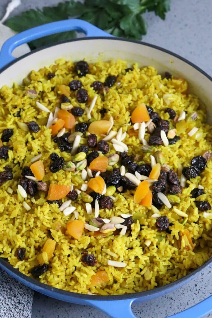 Moroccan rice pilaf in a cast iron casserole dish