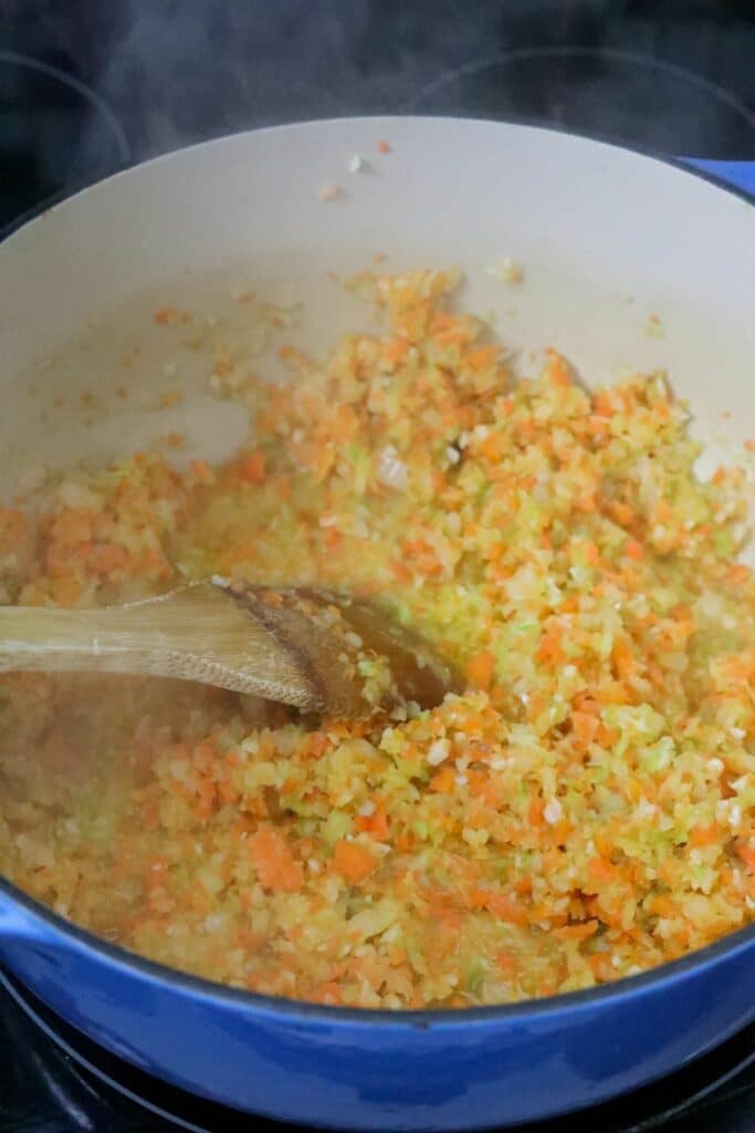 Mirepoix in a Dutch oven cooking