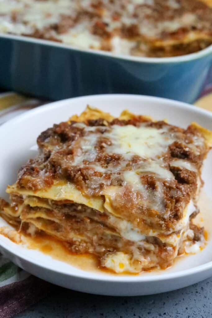 Lasagna Bolognese in a white pasta bowl