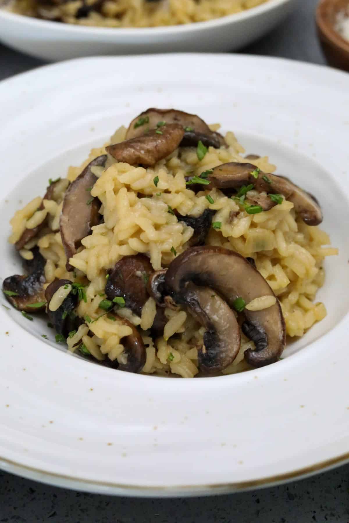 Close up of mushroom risotto in a shallow white bowl